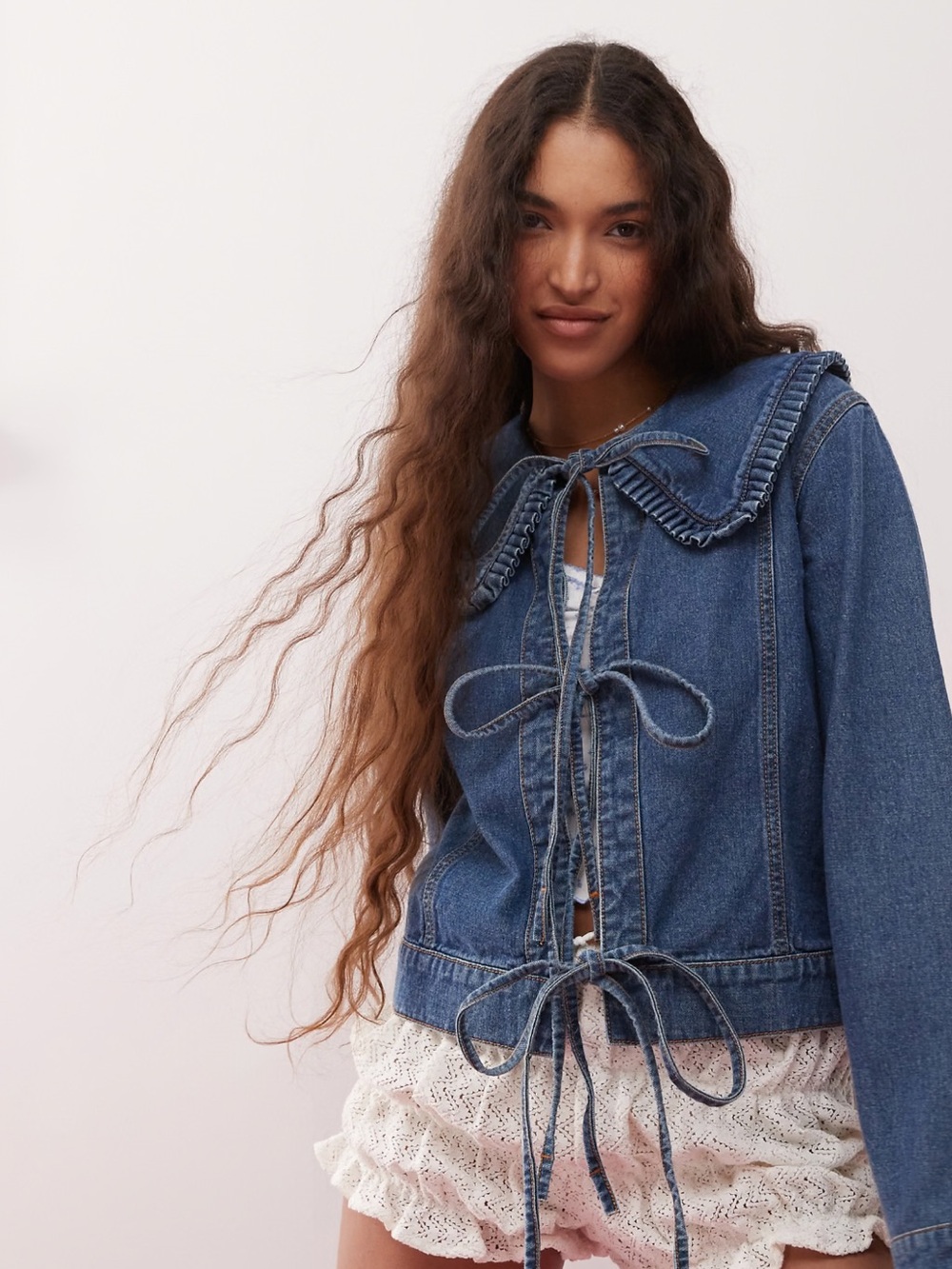 Future Collective Ruffle-Trim Tie-Front Denim Jacket in Blue